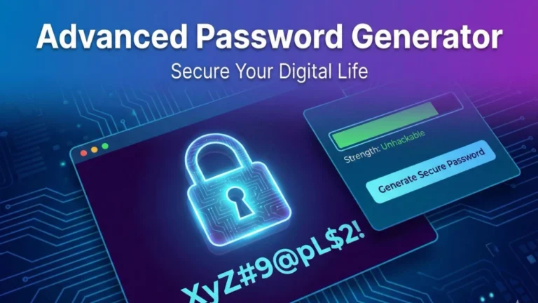 Advanced Password Generator interface showing a secure unhackable password and strength meter